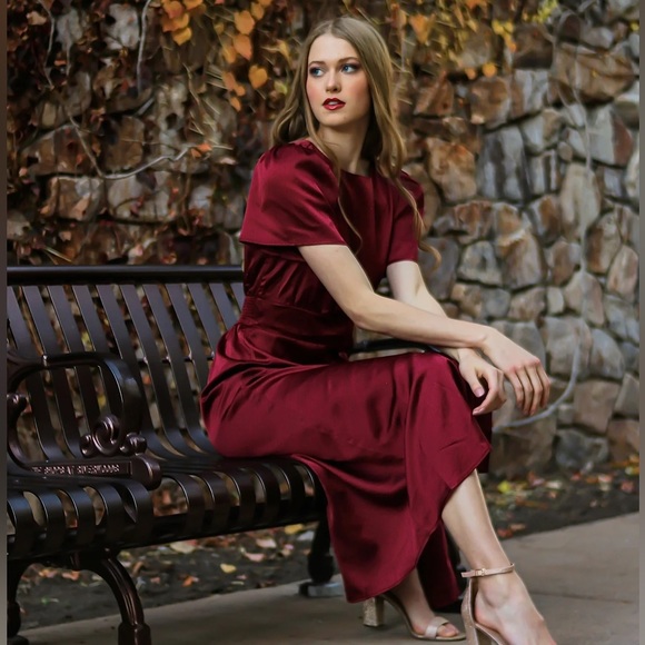 NWT Eve Satin Sheath Dress in Burgundy - Picture 1 of 8